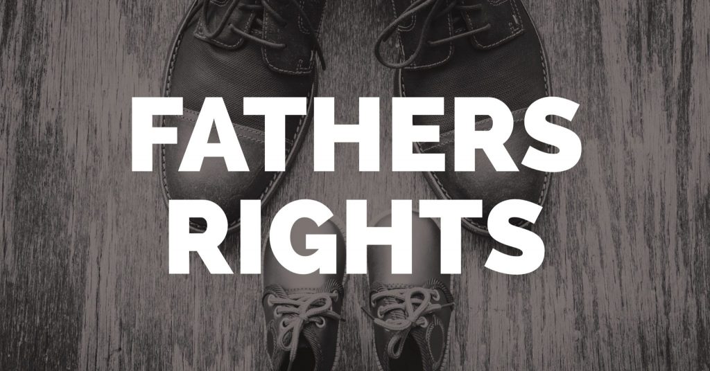 Man's shoes and child's shoes facing each other with "fathers rights" in bold text
